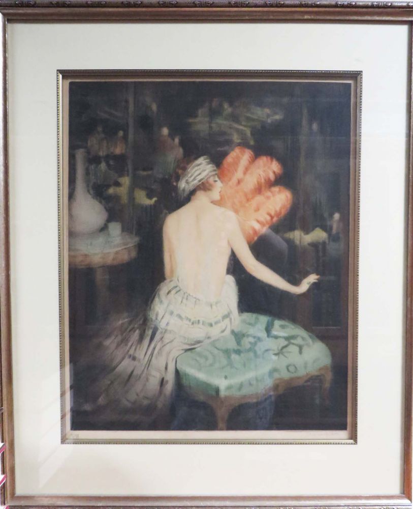 Item #18168 AN ORIGINAL HAND-SIGNED ENGRAVING IN COLOURS IN ART DECO  BOUDOIR STYLE OF A SENSUAL WOMAN WITH A LARGE FEATHERED FAN. Signed Print, William Ablett, Artist.