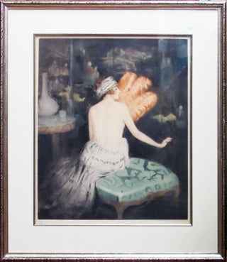 AN ORIGINAL HAND-SIGNED ENGRAVING IN COLOURS IN ART DECO  BOUDOIR STYLE OF A SENSUAL WOMAN WITH A LARGE FEATHERED FAN.