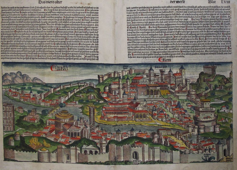 Item #25185 A SINGLE HAND-COLOURED BIFOLIUM FROM THE FAMED NUREMBERG CHRONICLE, showing the full view of ROME, Leaves LVII and LVIII. Incunabula, Nuremberg Chronicle, Rome, Roma, Hartmann Schedel.