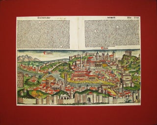 A SINGLE HAND-COLOURED BIFOLIUM FROM THE FAMED NUREMBERG CHRONICLE, showing the full view of ROME, Leaves LVII and LVIII
