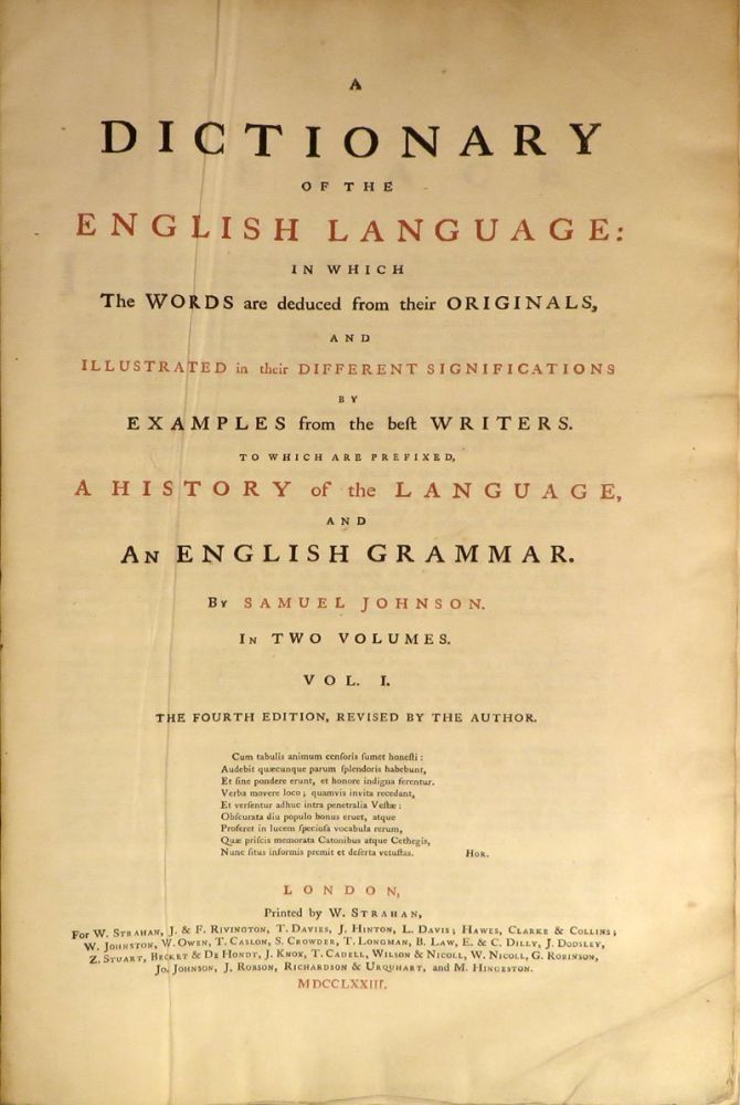 Item #26898 A DICTIONARY OF THE ENGLISH LANGUAGE, in Which the Words are deduced from their Originals, and Illustrated in Their Different Significations by Examples from the Best Writers. To Which are Prefixed a History of the Language and An English Grammar. Samuel Johnson.