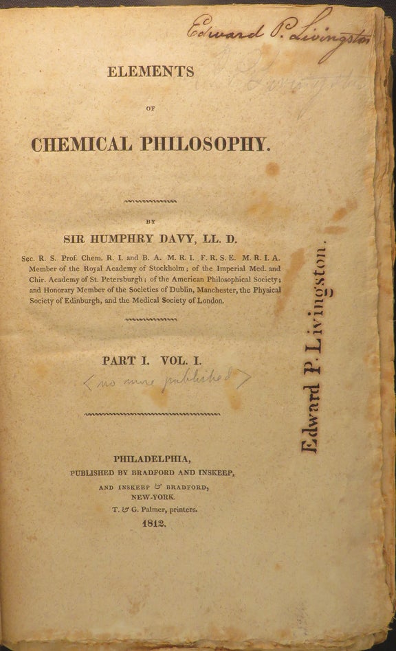 Item #27720 ELEMENTS OF CHEMICAL PHILOSOPHY PART 1. VOL.1 (ALL PUBLISHED). Humphrey Davy.