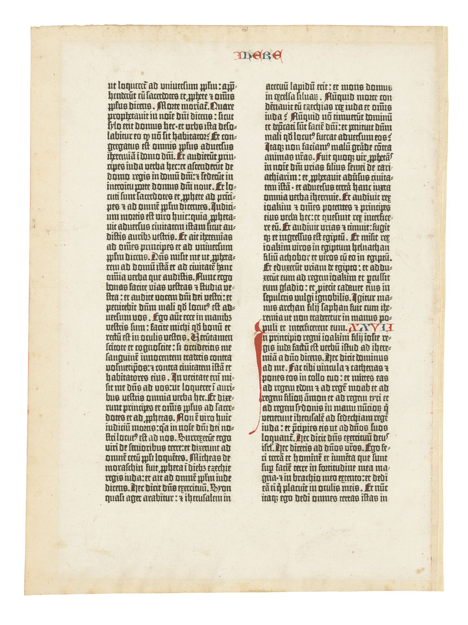 Item #32437 A LEAF FROM THE GUTENBERG BIBLE: From the Book of Jeremiah [25:19 to 27:6]. Printer. Bible Gutenberg, in Latin.