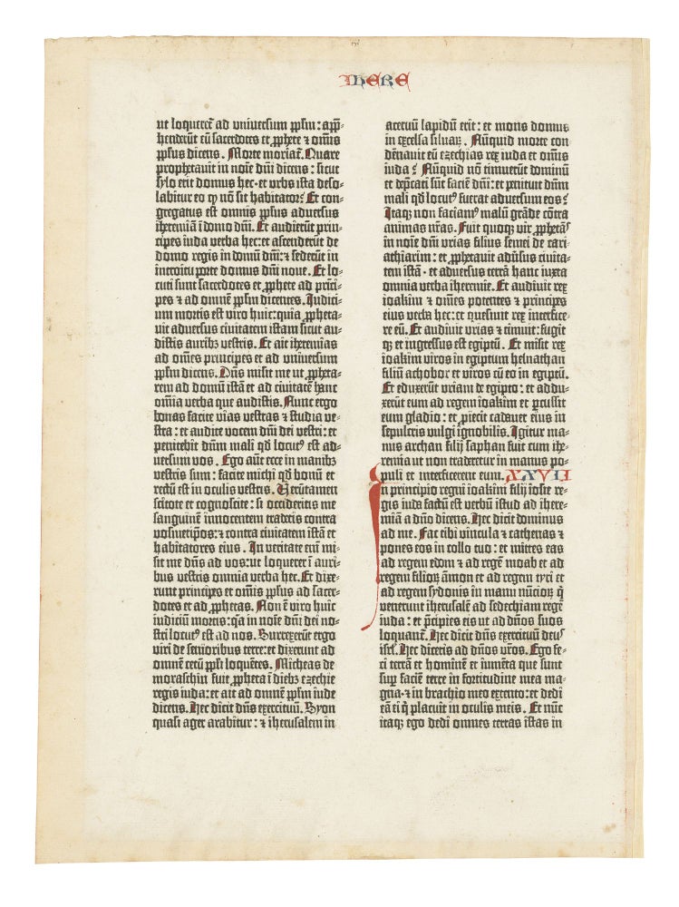 Item #32437 A LEAF FROM THE. Printer. Bible Gutenberg, in Latin